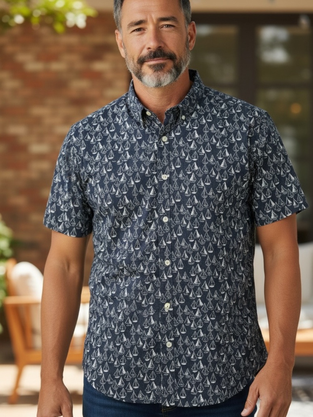 J. Crew Navy Short-Sleeve Button-Down Shirt with White Sailboat Print